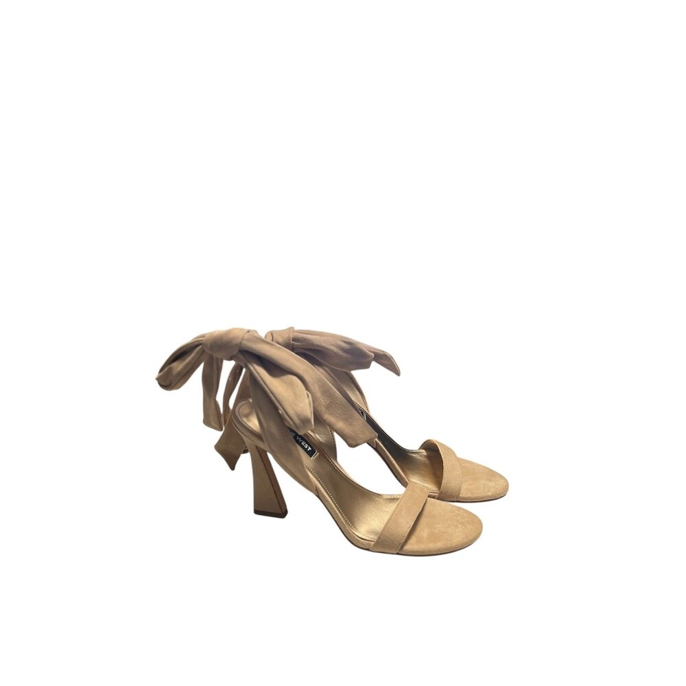 Nine West Women’s Beige Ankle Wrap Suede Fabric Heels Sandals Sz 7.5 Open Wrap